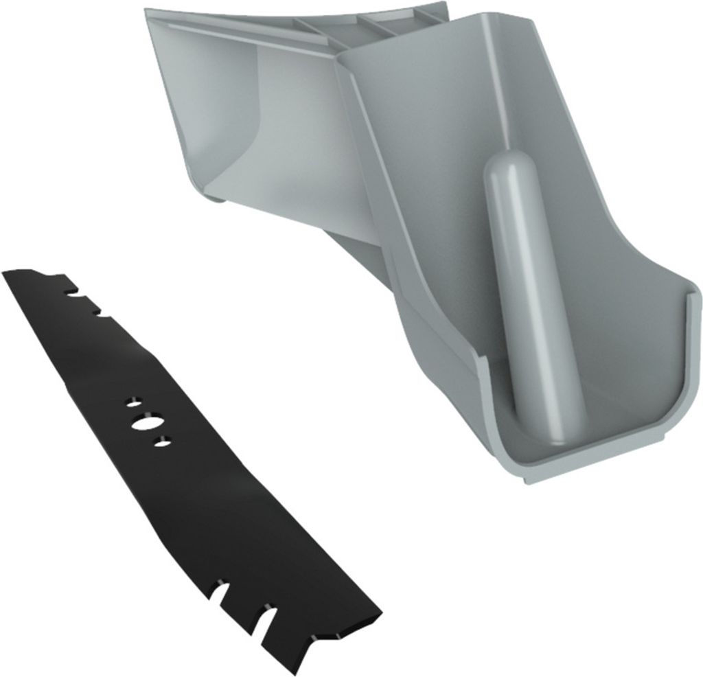 A gray plastic mulch kit and a black metal lawn mower blade are shown against a white background.