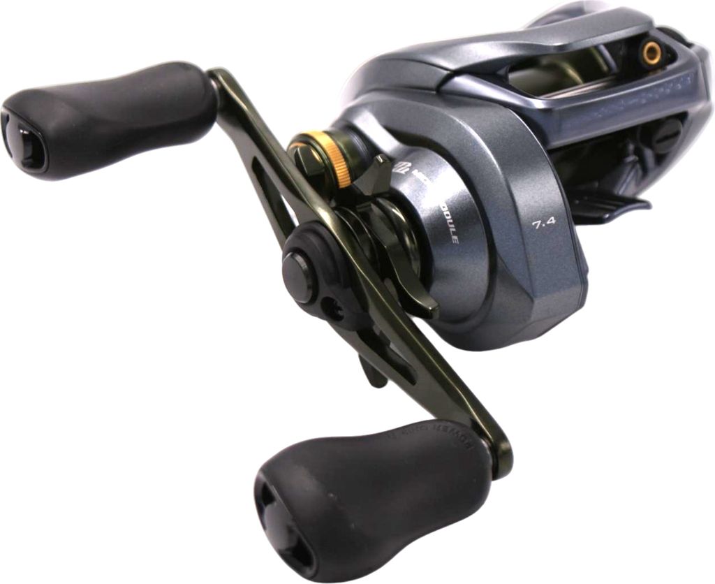 A fishing reel on a white background.