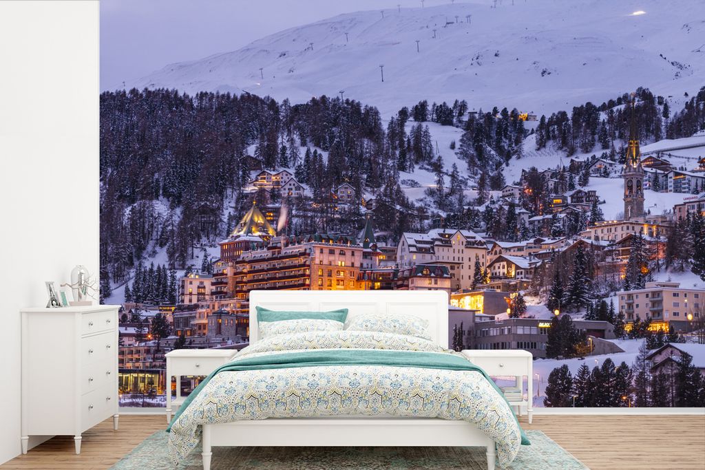 MuchoWow Fototapete für Wohnzimmer oder Schlafzimmer Wandtapete Vinyl Motivtapete Bergdorf in der Schweiz im Winter - 420x280 cm - Zimmer für K...