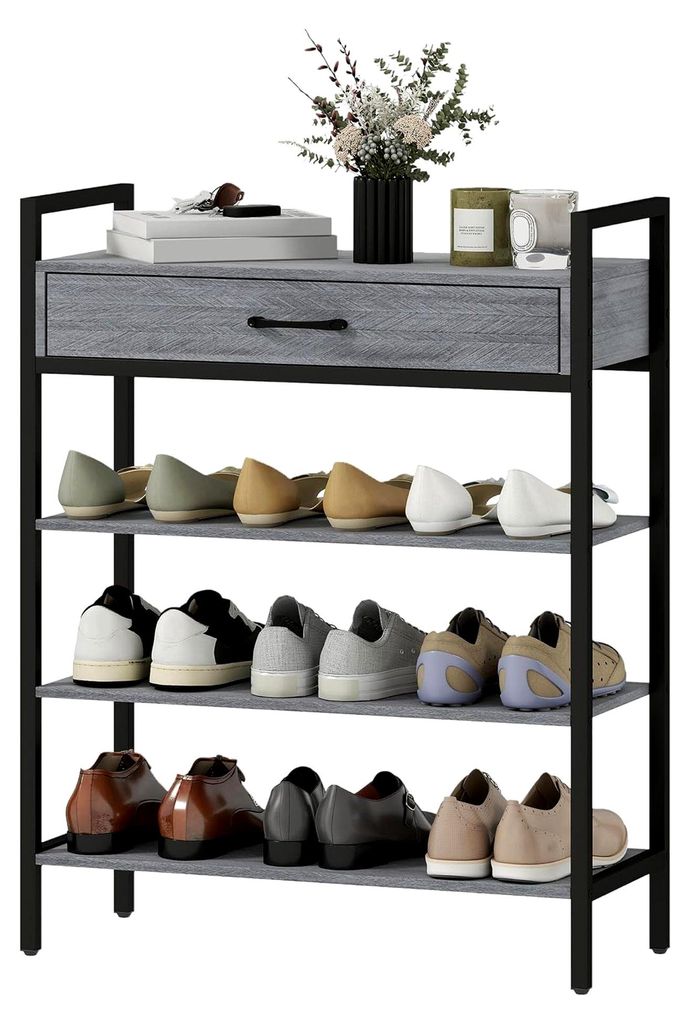 Schuhregal mit 4 Ebenen und Schublade für die Aufbewahrung von 9 Paar Schuhen, platzsparend für Flur und Wohnzimmer, 70 x 30 x 87,6 cm, Grau