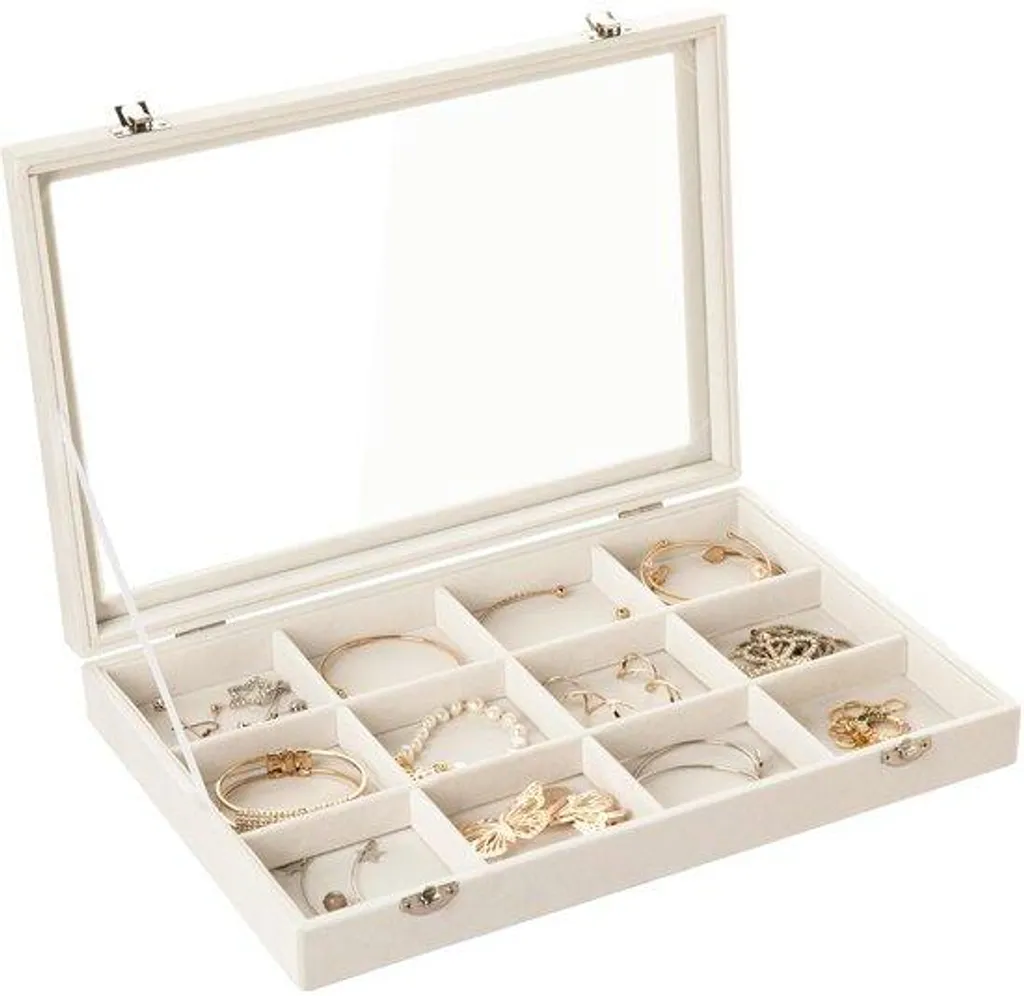 Présentoir bijoux 12 cases avec doublure velours et vitre transparente