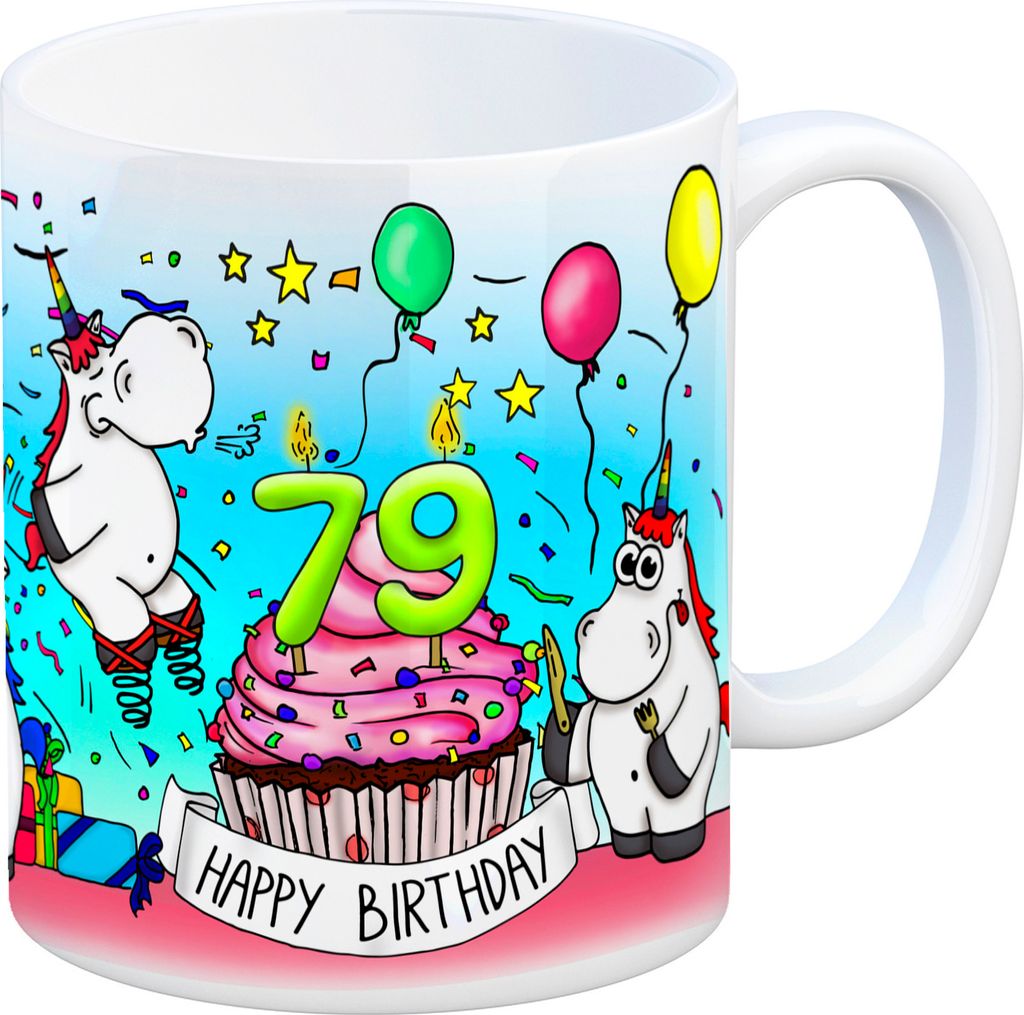 Honeycorns Tasse zum 79. Geburtstag mit Muffin und Einhorn Party Kaffeebecher