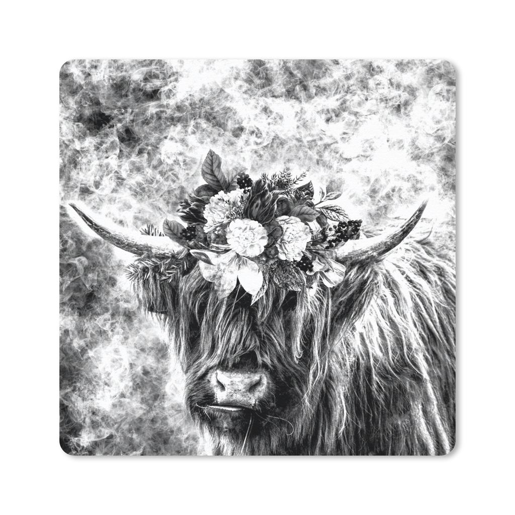 MuchoWow Mauspad Mousepad Schottischer Highlander - Tiere - Blumen - Schwarz - Weiß 20x20 cm - Mousepads - Maus Mat - Pad - Mausunterlage - Desk...