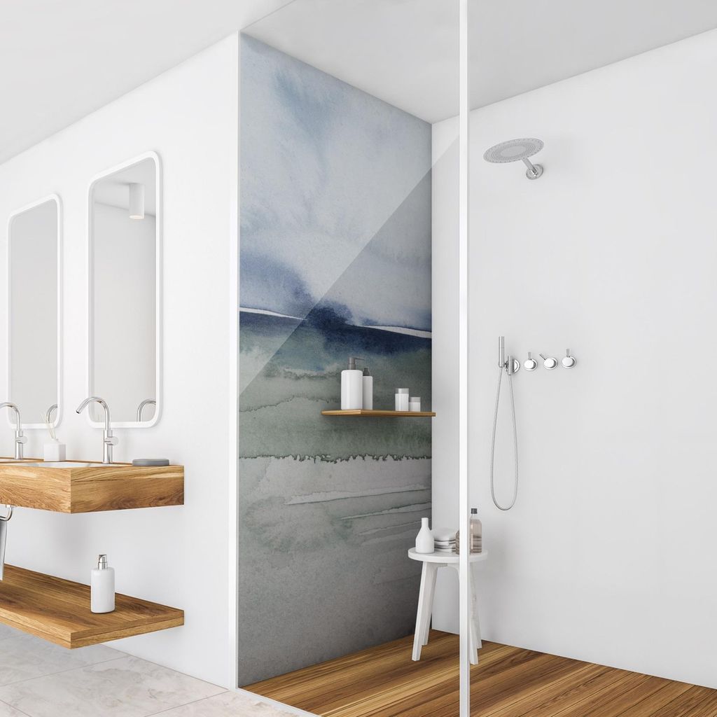 Duschrückwand Strand selbstklebend - 0.35 mm Wandpaneel wasserfest Meerblick blau Aquarell Badrückwand fugenlos Smart matt 90x190 cm