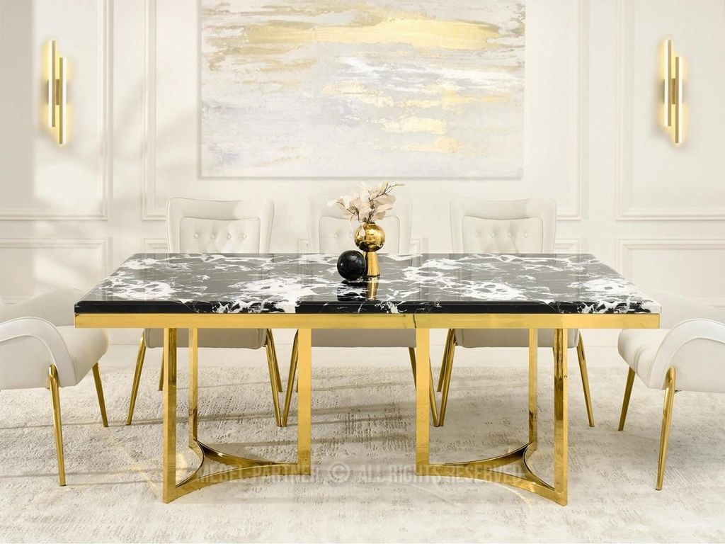 Stilvoller Esstisch FARIS – schwarz-weißer Marmor / Gold