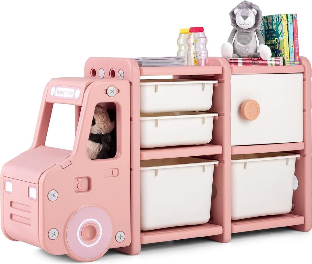 DREAMADE Autoförmiges Kinderregal mit 4 Aufbewahrungboxen & 1 Schrank, Kinderzimmerregal Kinder Bücherregal, Spielzeugregal, 110 x 32 x 66 cm (Rosa)