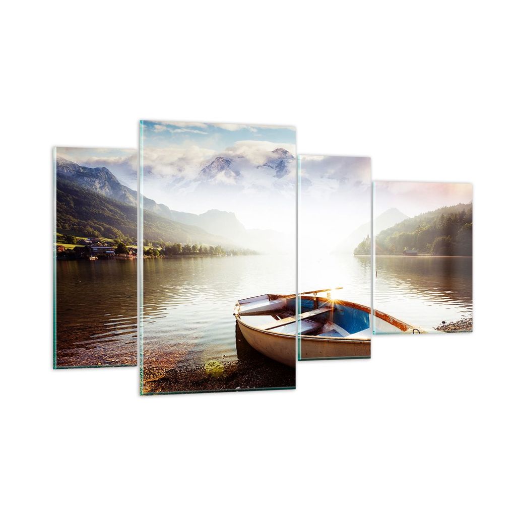 Bilder auf glas - Berge See Boot - 120x70cm - Glasbilder - Wandbilder - Kunstdruck - zum Aufhängen bereit - Wanddekoration aus Glas - Glas Bilder ...