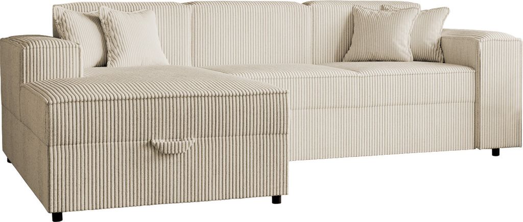 MIRJAN24 Ecksofa Santos L Cord, L-Form Eckcouch mit Schlaffunktion und Bettkasten, Polsterlehnen fest montiert, Kissen-Set (Farbe: Poso 100, Seite:...