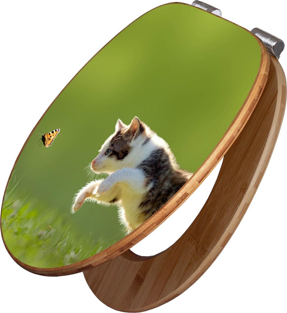 banjado Design WC Sitz Bambus Absenkautomatik -Jagende Katze - Toilettendeckel mit Absenkautomatik Holz/hochwertiger Bambus Klodeckel/WC-Sitz für ...