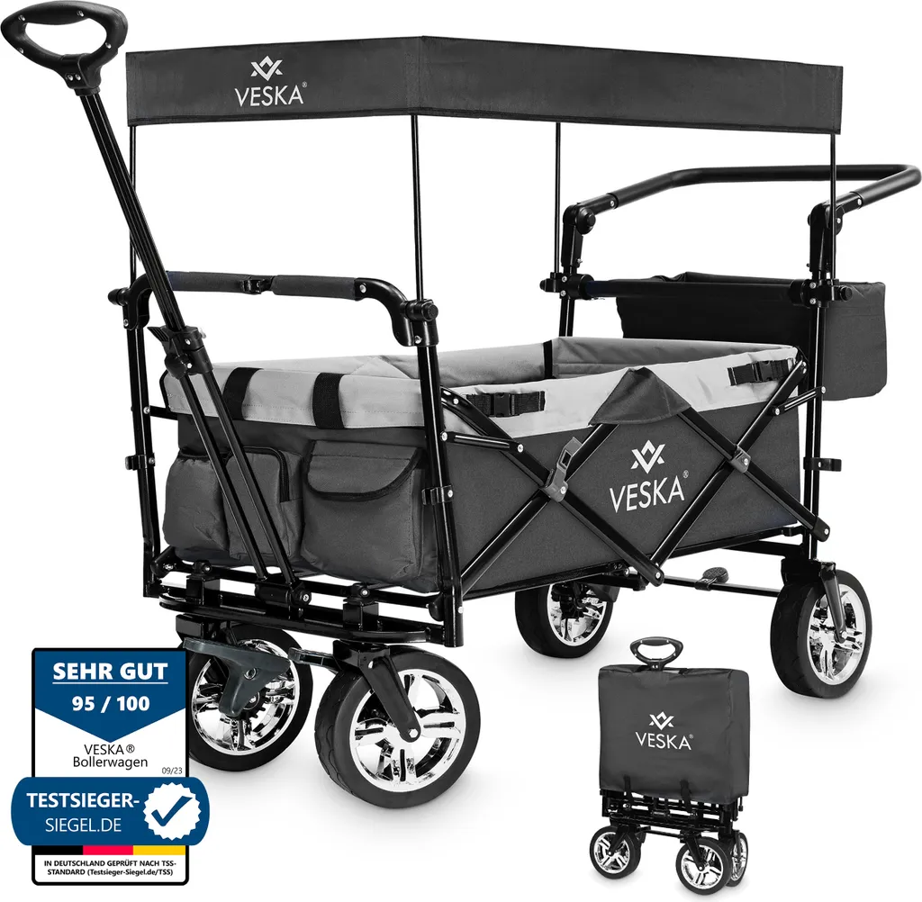 Chariot de Transport Pliable pour Enfants avec Ceinture et Toit Gris