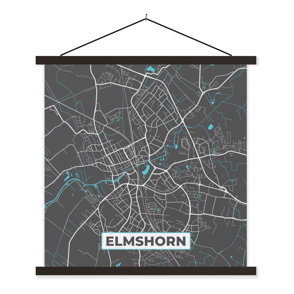 MuchoWow Textilposter Stadtplan - Karte - Elmshorn - Blau - Deutschland - Karte 90x90 cm mit schwarzem Rahmen - Magnetisches