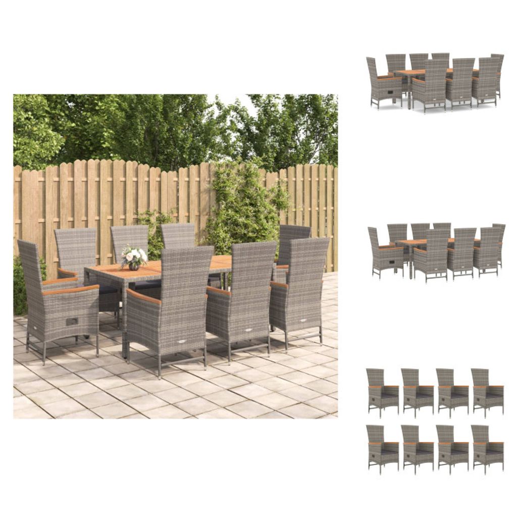 vidaXL 9-tlg. Garten-Essgruppe mit Kissen Grau Poly Rattan Produktbild 