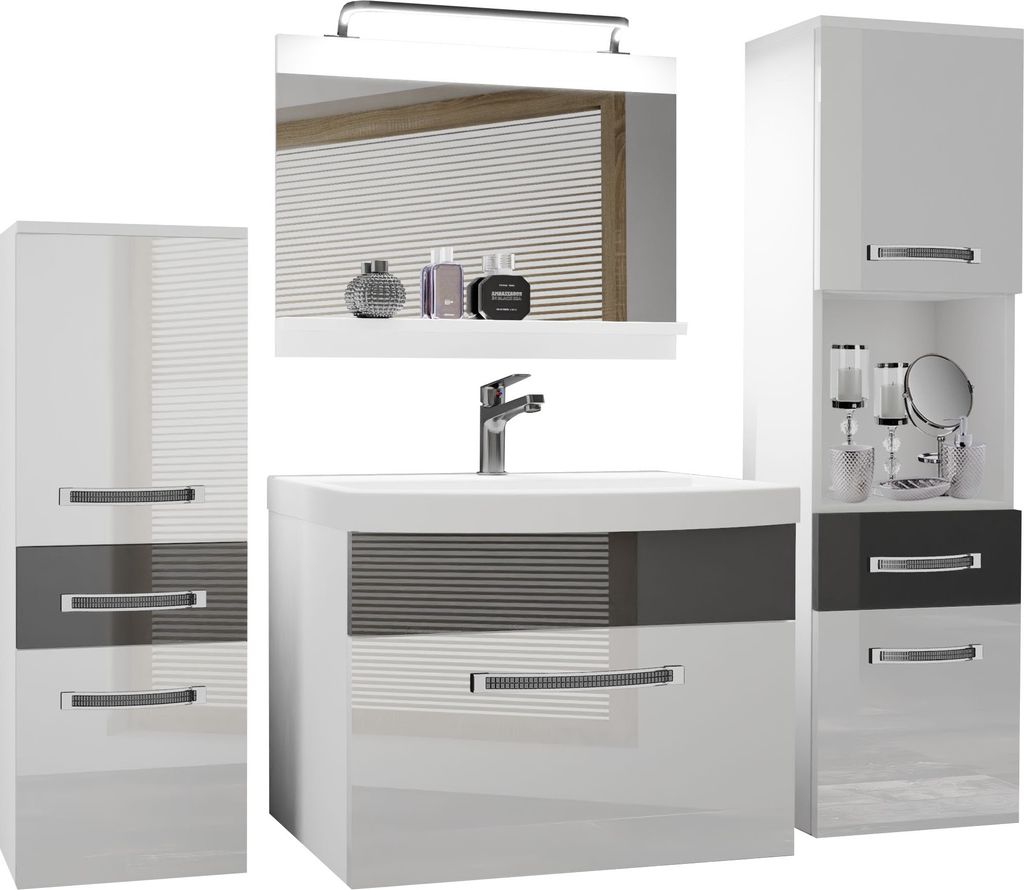 BELINI Badmöbel Set Waschbeckenschrank, 1x kleiner Schrank, 1xHochschrank, Waschbecken, Spiegel, Lampe (Weiß/ Silber, Glänzend)