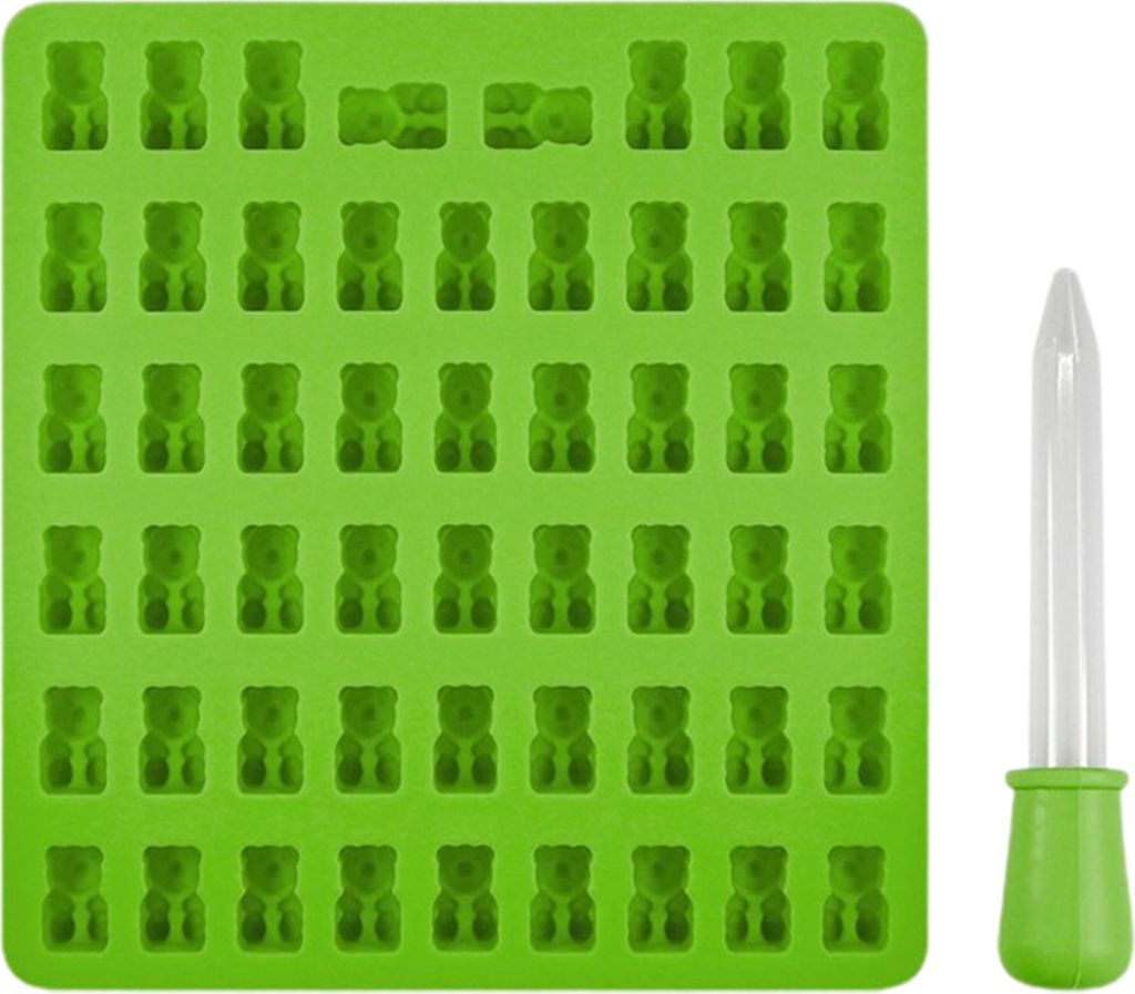 Silikon-Gummiform mit 53 Mulden, BPA-frei, antihaftbeschichtet, lebensmittelecht, Teddybär-Süßigkeitenform mit Tropfer, Geleeform, Schokoladenform