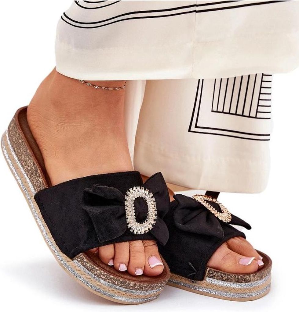 Damen Sandalen Auf Plattform Mit Schleife Und Dekorativer Brosche Schwarz Lenela 39