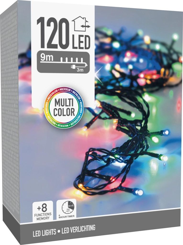 The image shows the packaging of a set of LED string lights, with a portion of the lights themselves visible.