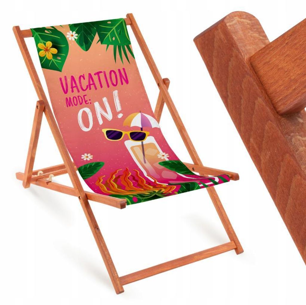 Holz Strandliegestuhl Orange Fullprint – Klappbare Gartenliege für Strand & Garten