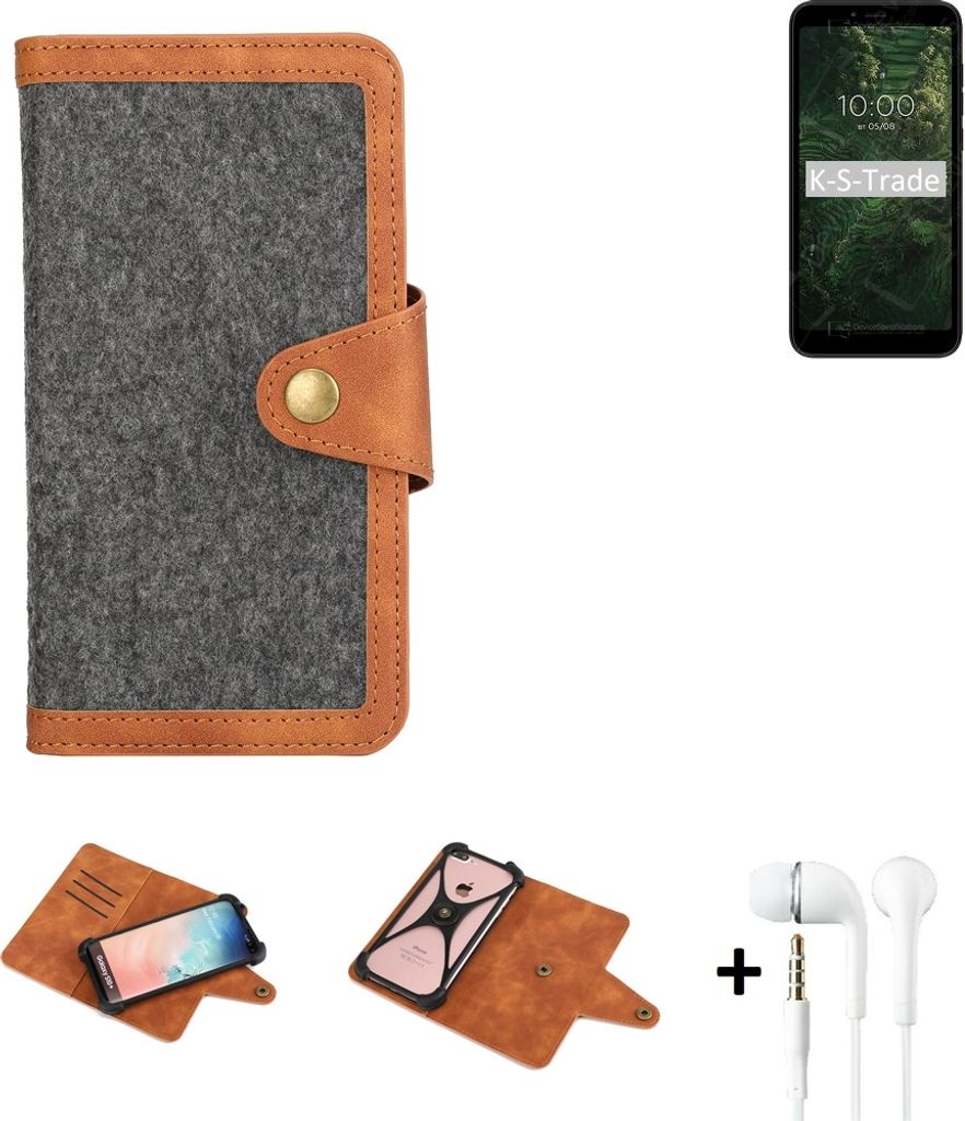 K-S-Trade Handyhülle + Kopfhörer kompatibel mit BQ Mobile BQ-5745L Clever Schutzhülle Filzhülle Kunstleder dunkelgrau braun (1x)