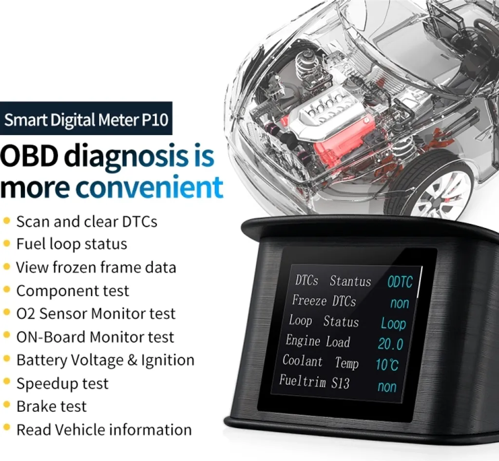 P10 HUD Misuratore digitale intelligente OBD2 da 2,2 pollici per auto con TFT LCD multicolore, velocità e giri al minuto, consumo di acqua e olio e visualizzazione di distanza/tempo e tensione di guida, allarme di velocità eccessiva, allarme di bassa tensione, commutazione di chilometri e miglia, funzione sensore di luce - 3
