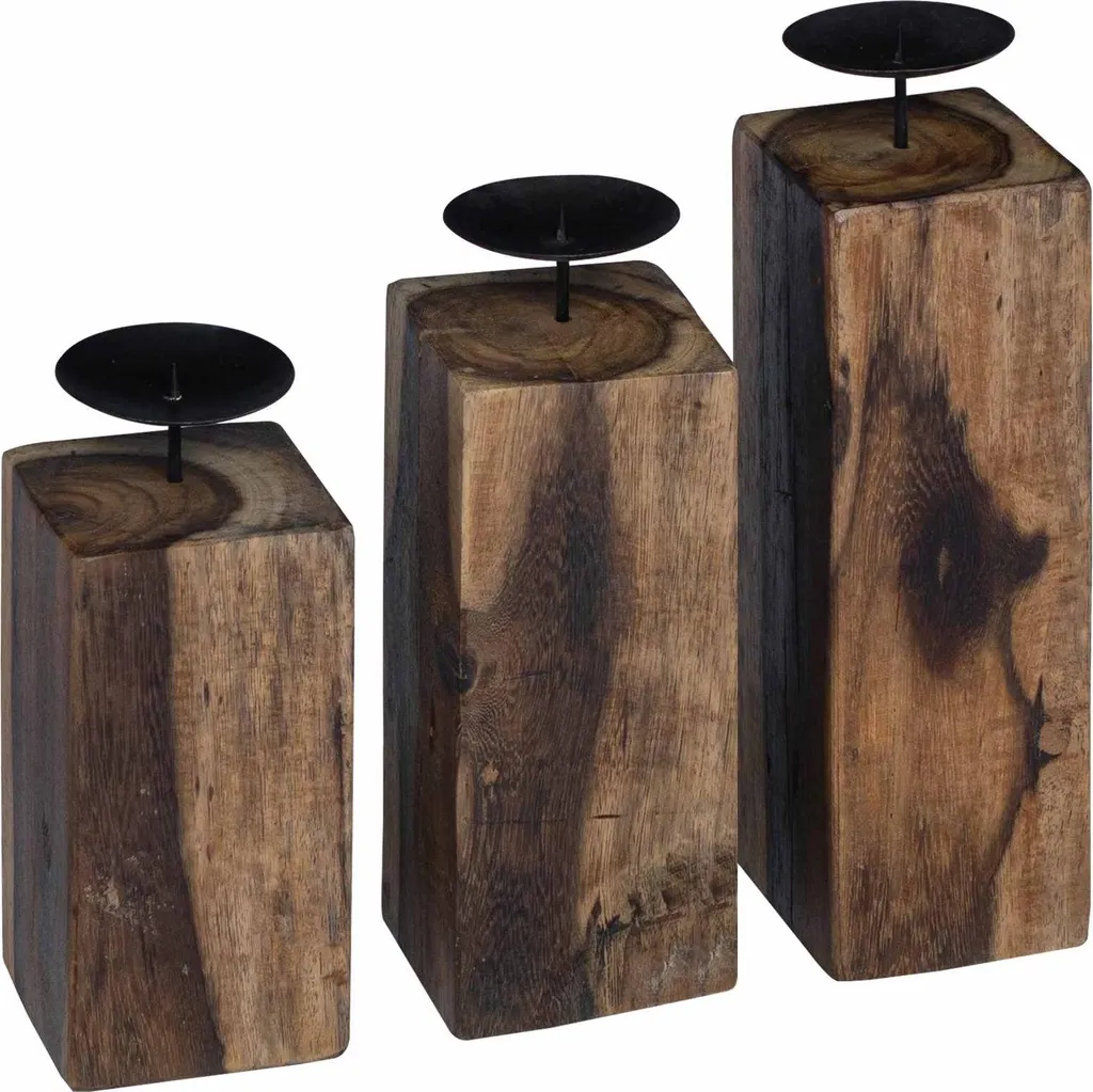 Portacandele 3 pezzi in legno massello naturale riciclato