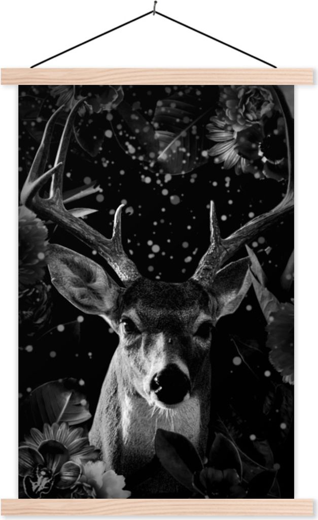 MuchoWow Textilposter Botanische Hirsche mit Lichtkugeln auf schwarzem Hintergrund - schwarz-weiß 40x60 cm mit holzfarbenen Rahmen - Poster