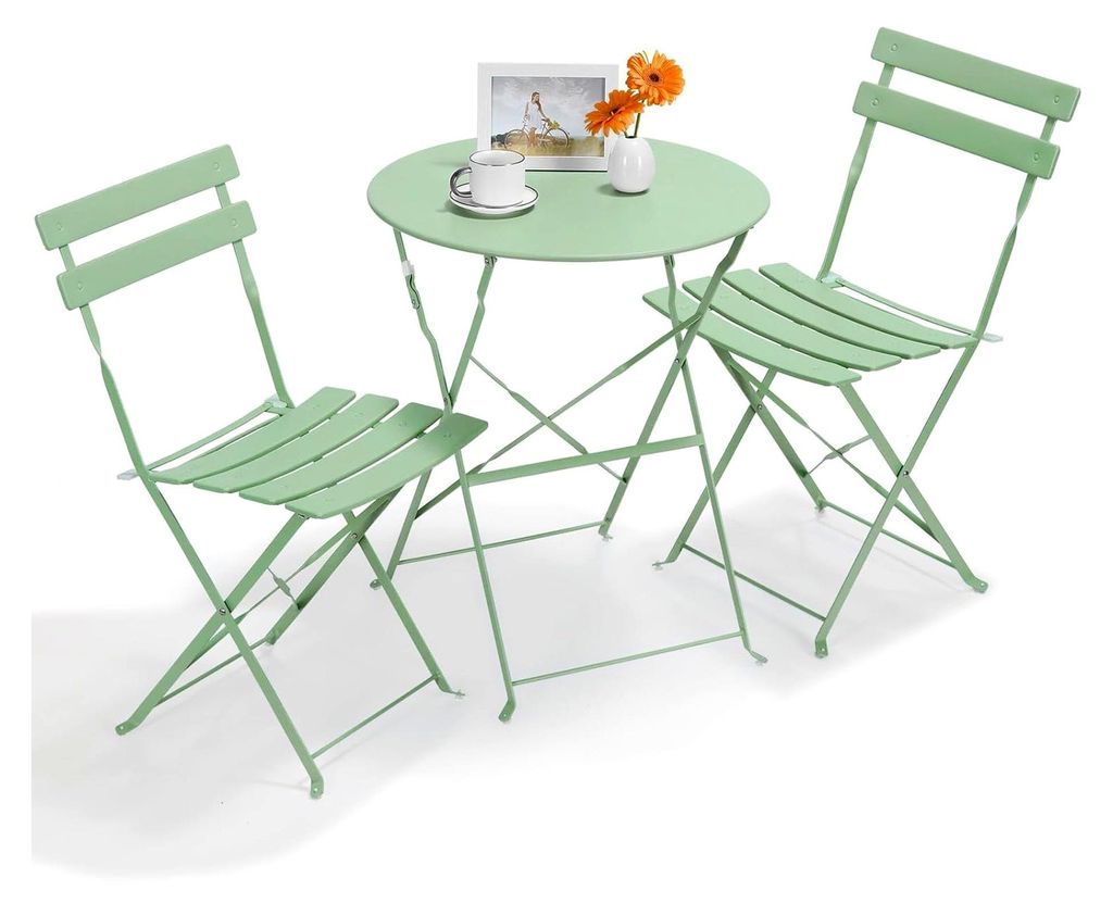 Bistro Set aus Metall, Klappbar, 3-teilig, Balkonset mit 2 Klappstühlen und 1 Klapptisch, Wetterfest, Sitzgarnitur für Balkon und Garten, Grün