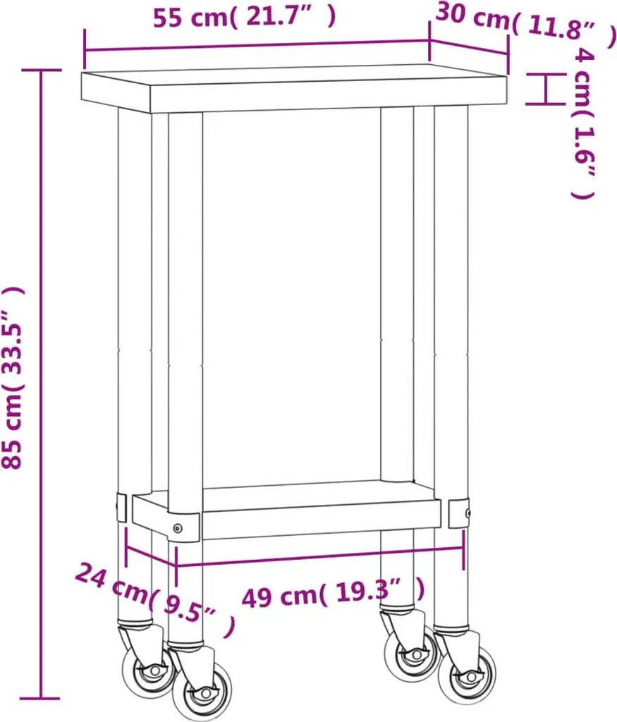 Table de travail compacte en acier inoxydable avec étagère et roues - 8