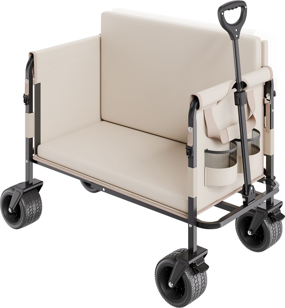 A beige and black folding wagon with a seat and handle, shown from a three-quarter angle on a white background.