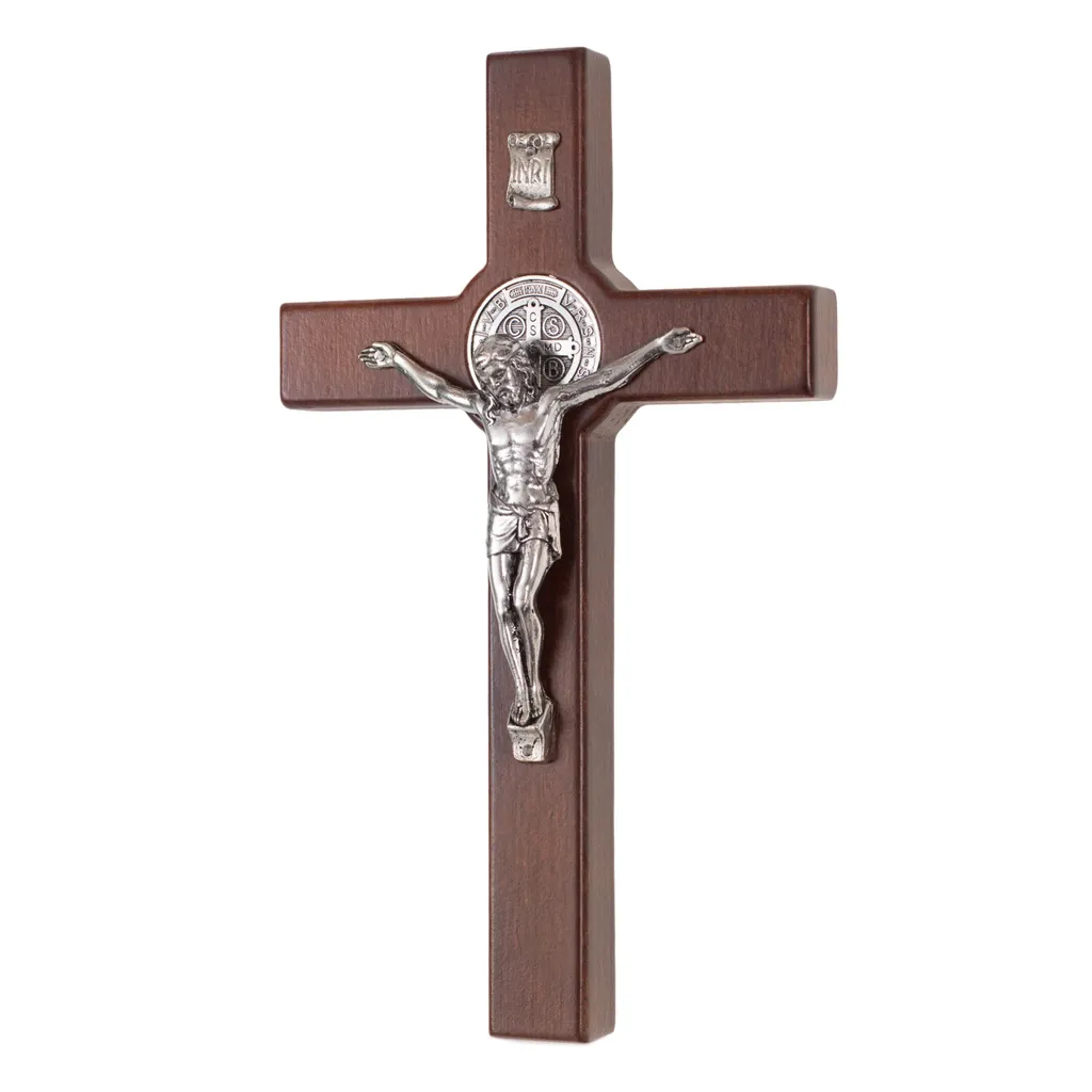 Croix de Saint-Benoît suspendue en bois avec Christ en bronze 22x12cm