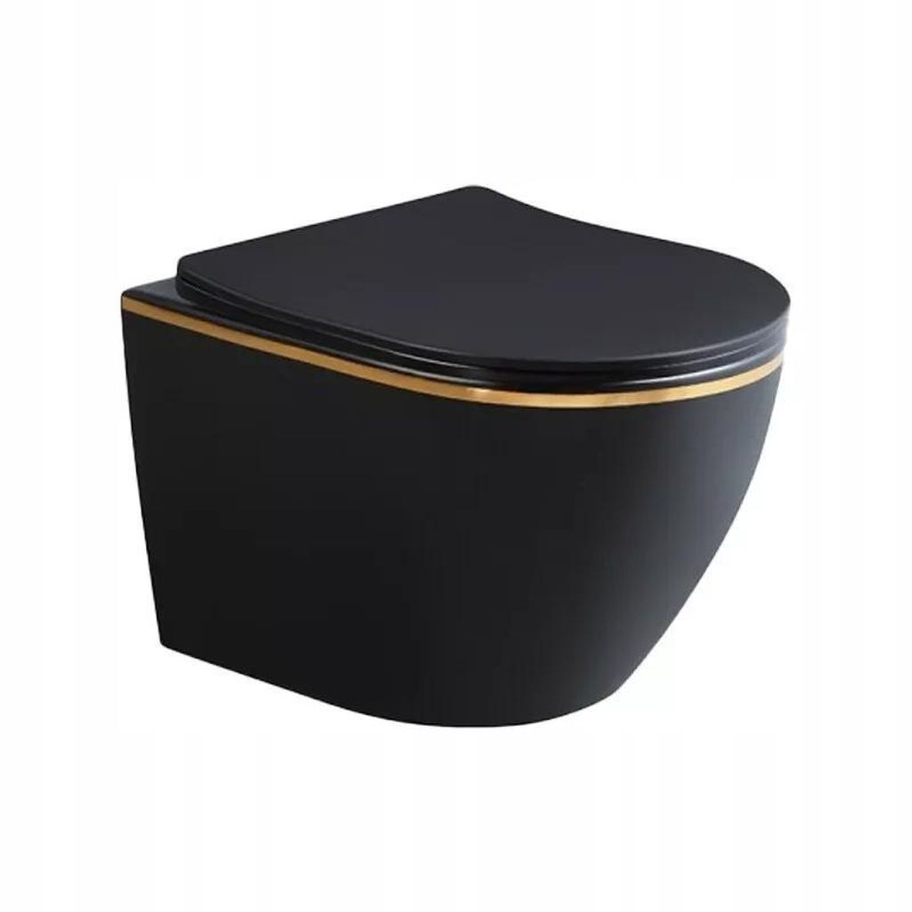 A black wall-mounted toilet with a gold trim and a black toilet seat, shown from a slightly elevated side angle against a white background.