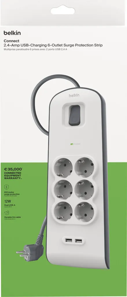 Belkin Multiprise avec Protection Surtension 6 Prises et 2 Ports USB 2m - 4