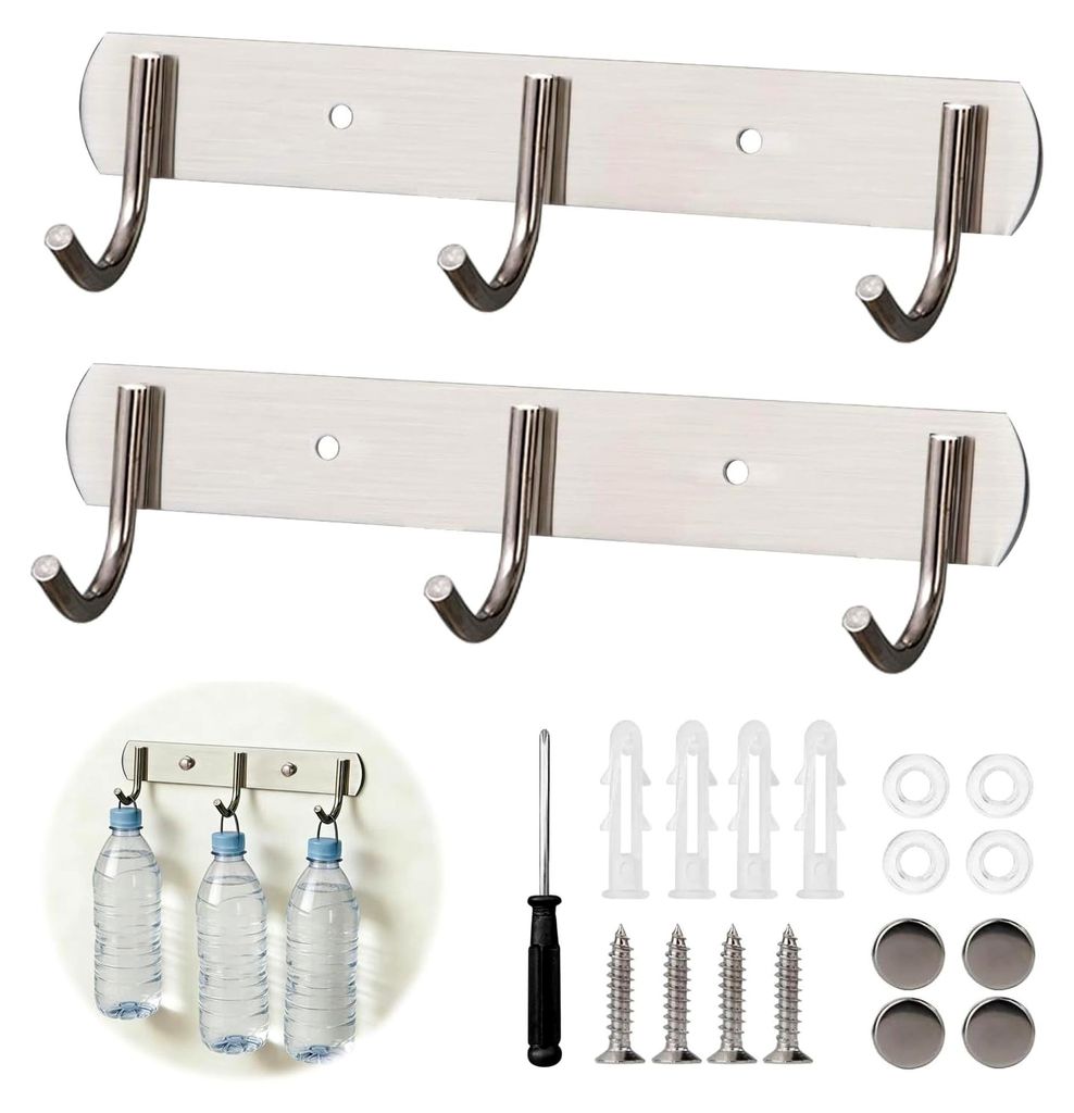 2 Stück Hakenleiste aus 304 Edelstahl für Küche, Schlafzimmer, Badezimmer und Wohnzimmer, mit Schrauben, Silber