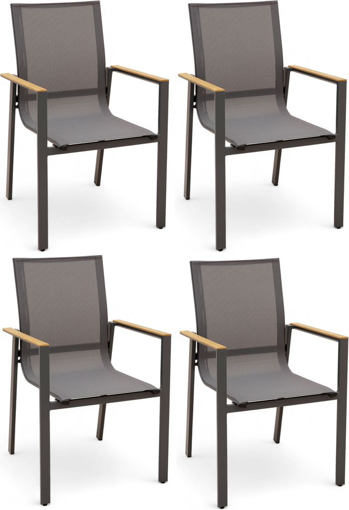 4x ALEOS. Gartenstuhl mit Armlehne Gartensessel Stapelstuhl Stapelsessel Sessel TRINIDAD Aluminium Textilgewebe Teak stapelbar