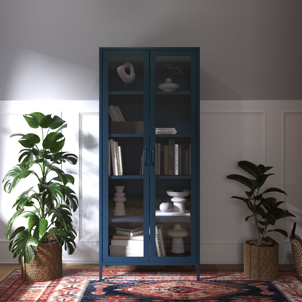 A dark blue metal display cabinet with glass doors, filled with books and decorative items, stands in a room with two large potted plants and a patterned rug.