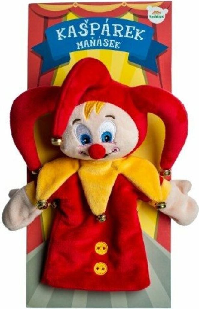 A puppet of a jester character is presented on a cardboard backing with circus-themed graphics.