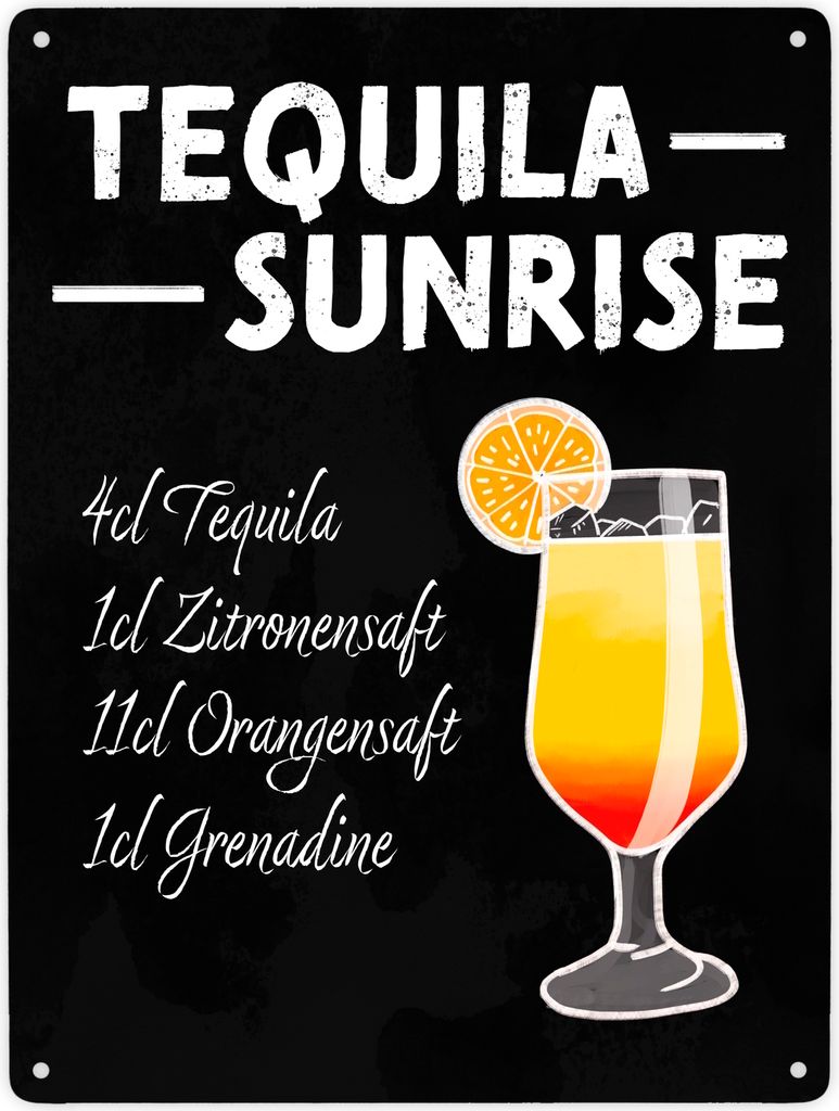 Metallschild XXL in 28x38 cm mit Cocktailrezept für Tequila Sunrise