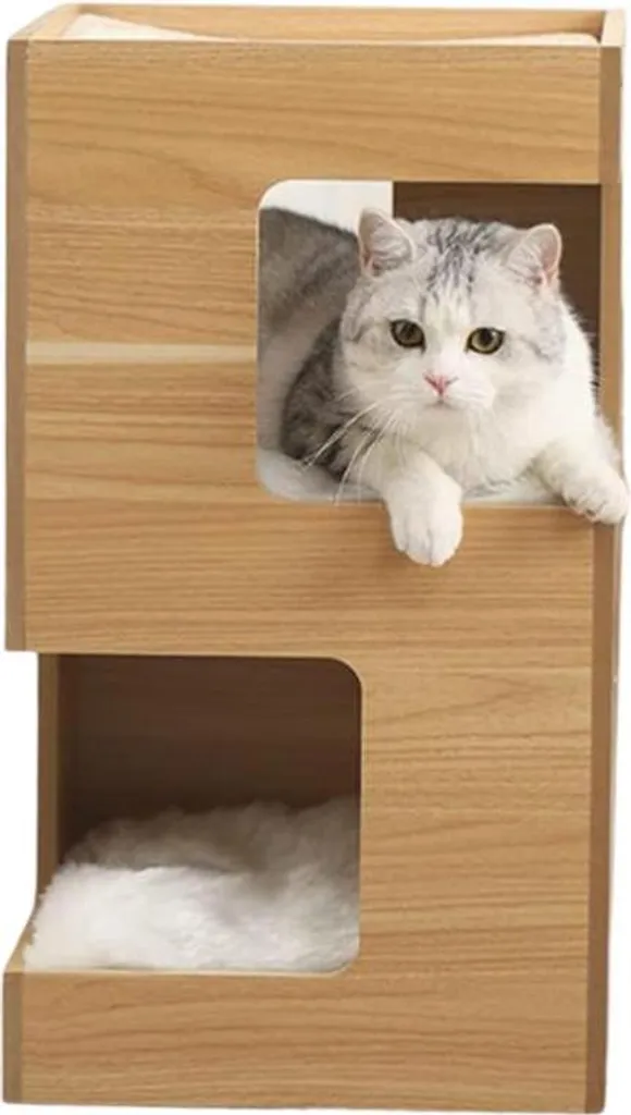 Livista® Maison pour chat en bois naturel 60x30x30 cm avec coussin doux