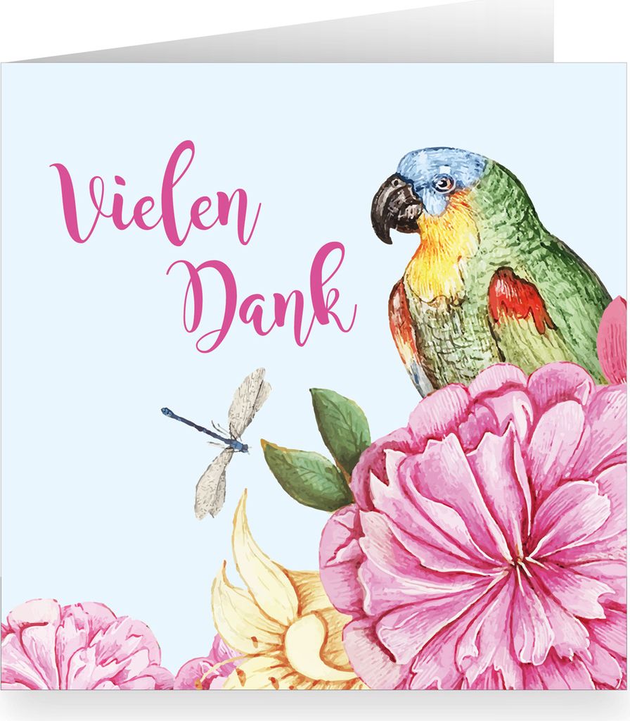 Edle quadratische Vintage Dankeskarte mit Papagei zwischen Blumen: Vielen Dank