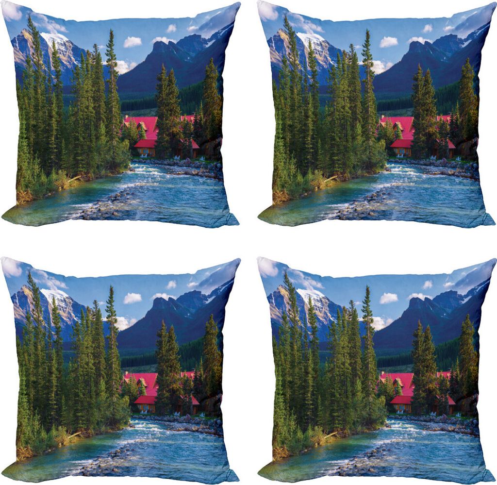 ABAKUHAUS Natur Kissenbezug Set (4 Stück), Lake Louise Banff Dorf, Moderner Doppelseitiger Digitaldruck, 50 cm x 50 cm, Forest Green Turquoise