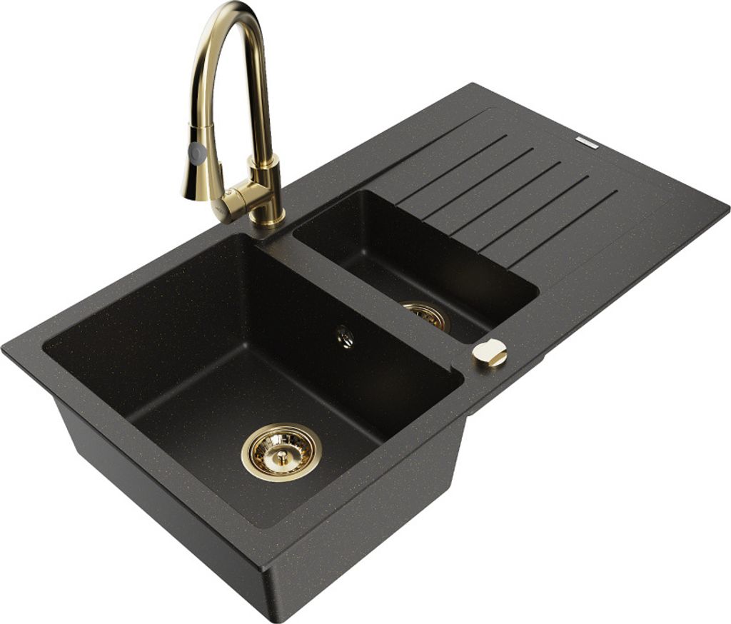 Mexen Matias 1,5-Becken-Granitspüle mit Abtropffläche und Mischbatterie Elia, Schwarz/Gold metallisch - 6502-75-670101-50