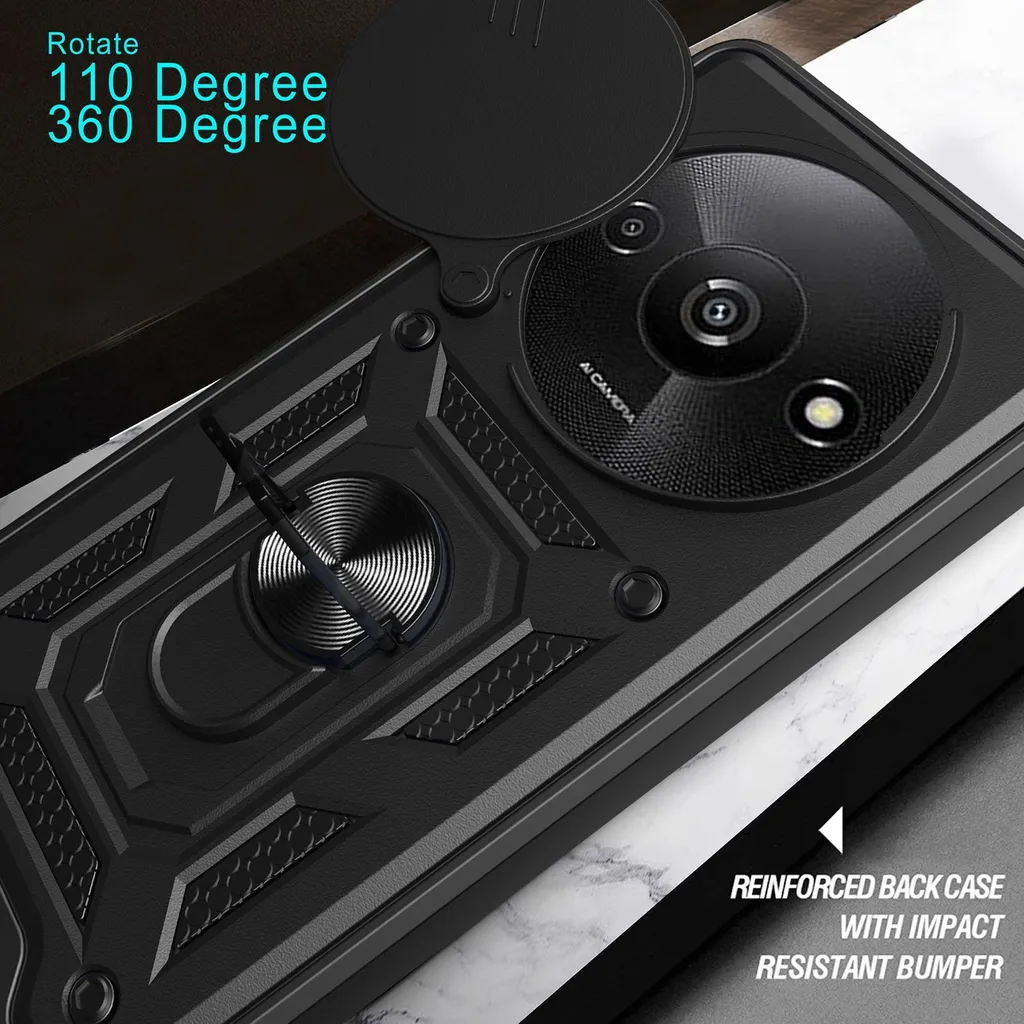Custodia DESSEN Per Xiaomi Redmi 9AT / 9A - Cover In Silicone TPU Morbido Con Anello Girevole 360° E Supporto Magnetico - Colore Nero, Ultra Sottile