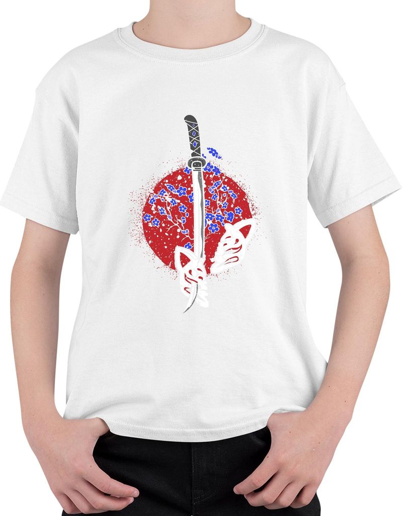 Katana Samurai Kitsune Maske Sakura Kirschblüten Japan Sonne Uni Kinder T-Shirt, Weiß, 140