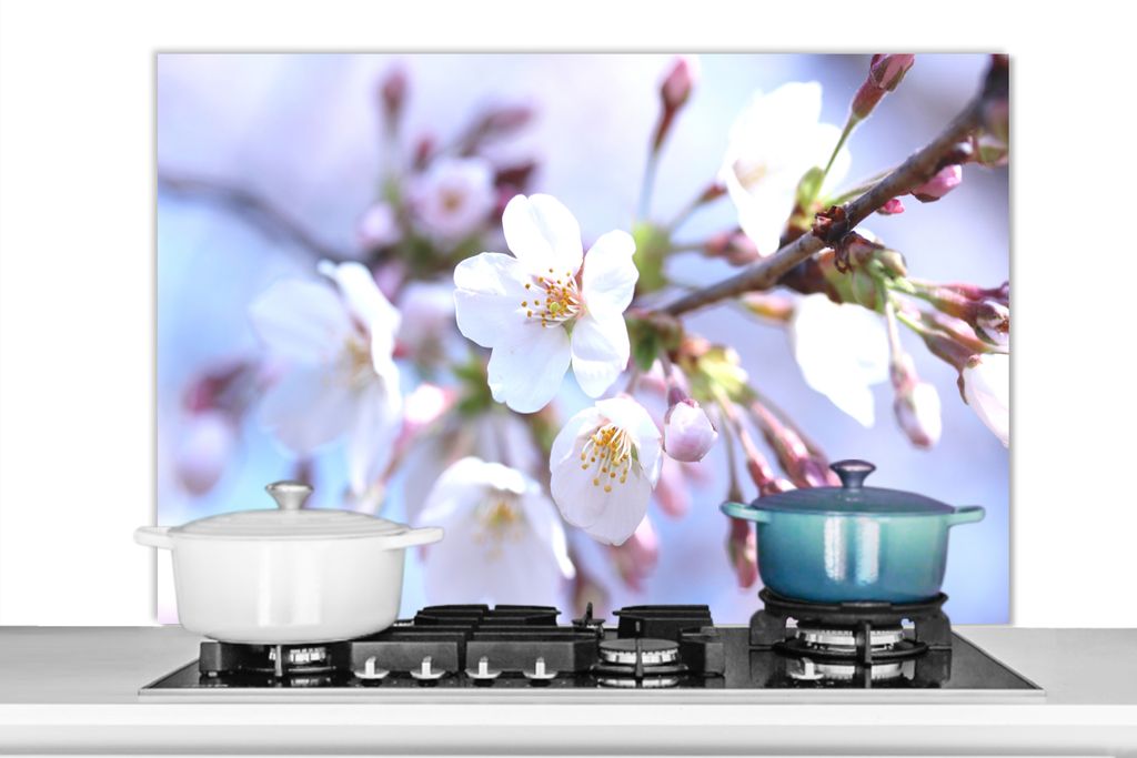 KitchenYeah Spritzschutz Küche - Küchenrückwand - Wandschutz für Herd und Spüle - Blumen - Sakura - Zweig 100x65 - Alu-Dibond (Alternative z...