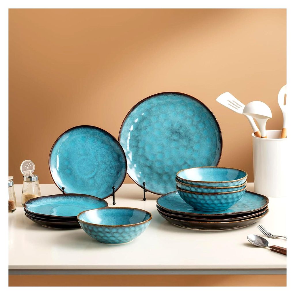 Camping Geschirrset für 4 Personen, 12-teiliges Steingut Geschirrset, Porzellanservice mit Esstellern, Desserttellern und Müslischalen, mikrowell...