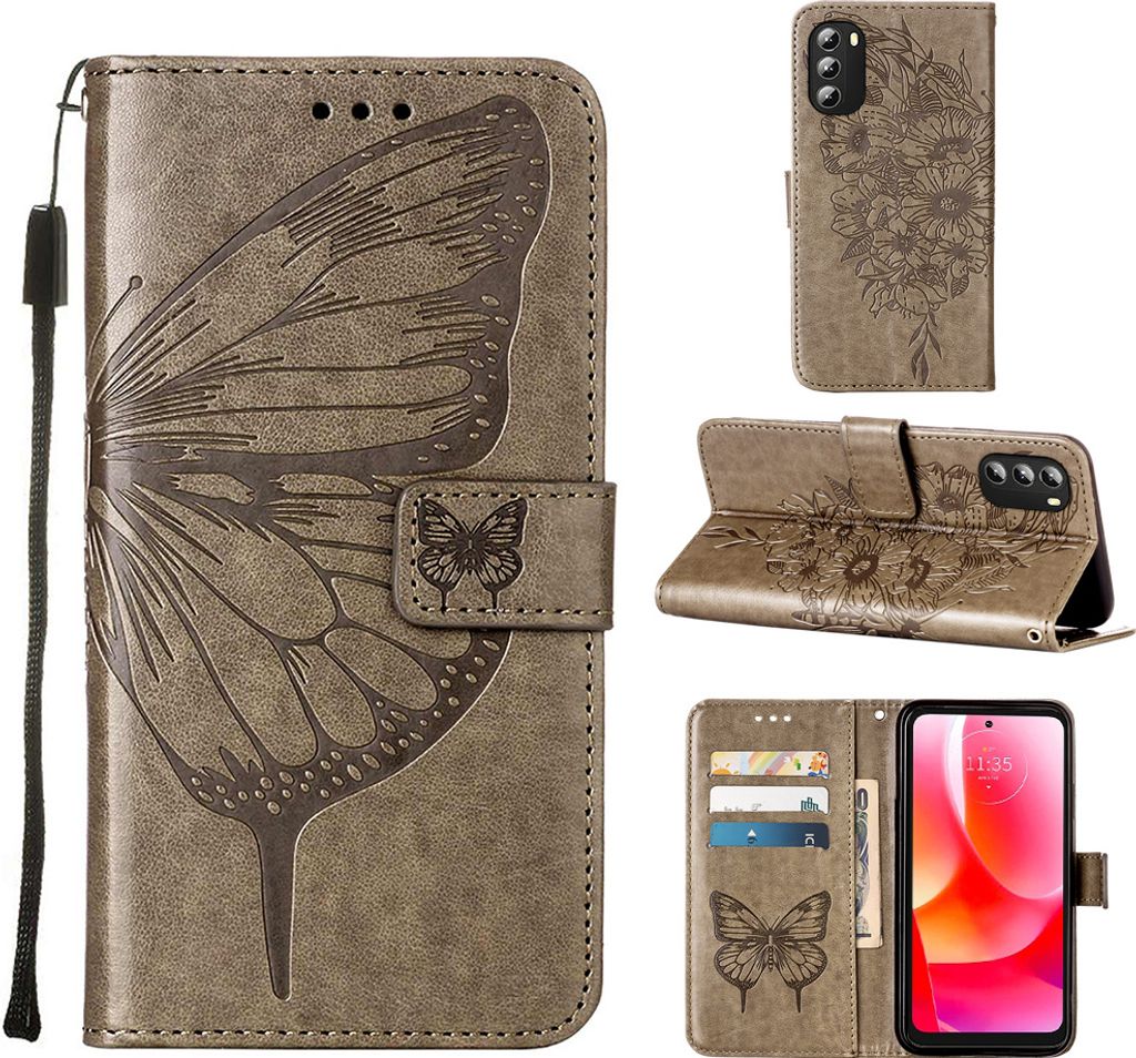 Moto G 5G 2022 Hülle, Schmetterling Prägung Flip Leder Kartenfächer Schutzhülle Ledertasche mit Ständer für Motorola Moto G 5G 2022 Grau