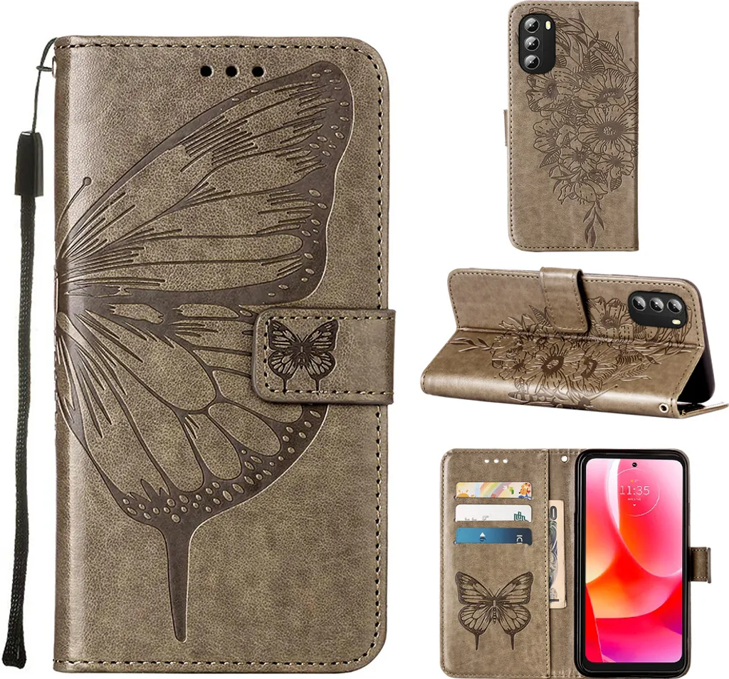Cover Motorola Moto G 5G 2022 Portafoglio Grigio con Farfalle