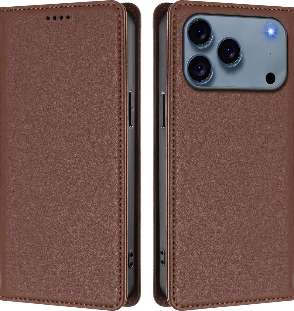 Handyhülle für iPhone 17 Pro, Kunstleder Klapphülle Stoßfeste Magnetische Hülle mit Ständer Braun