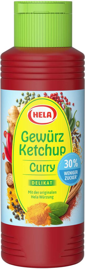 A bottle of Hela Gewürz Ketchup Curry.