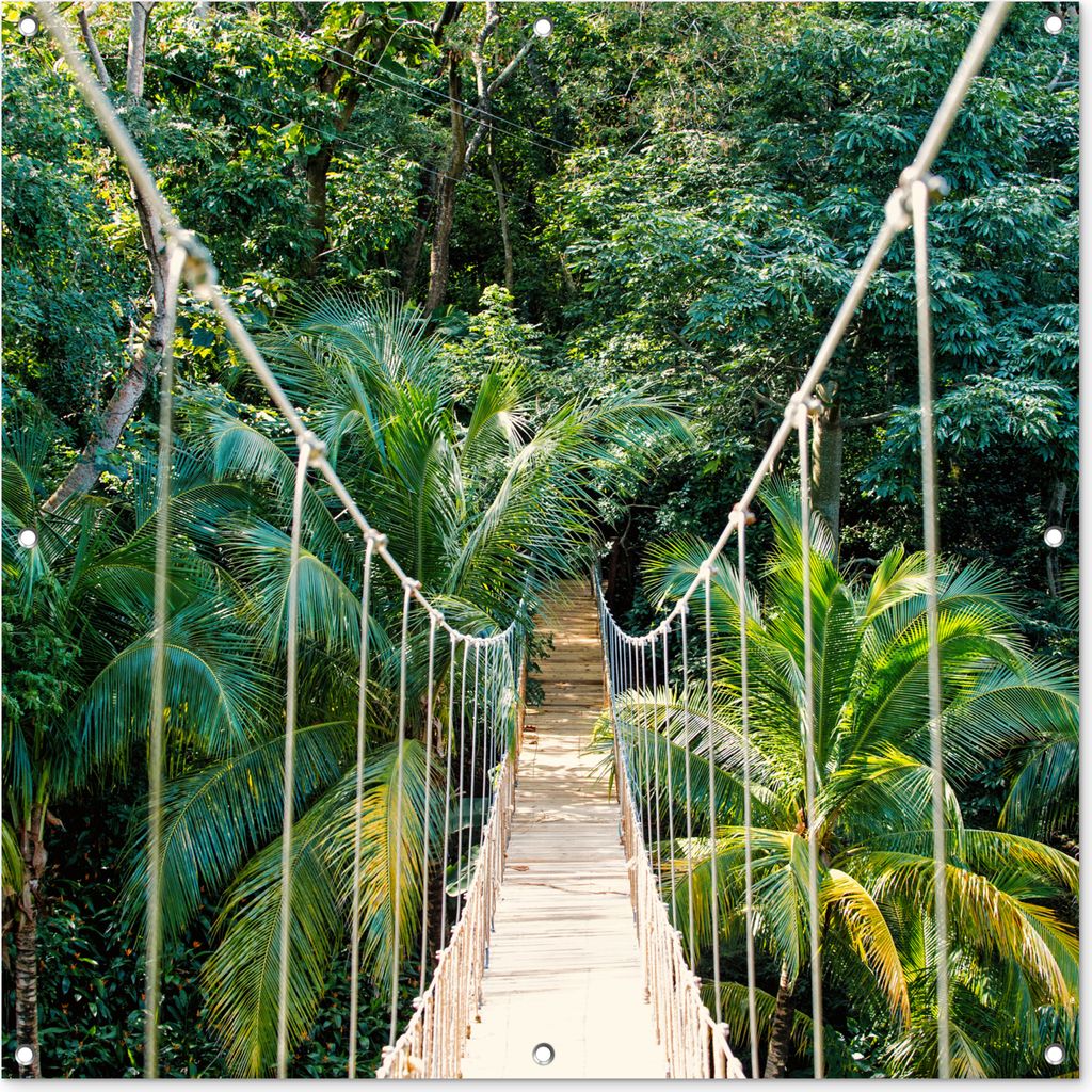 MuchoWow 100x100 cm Outdoor-Poster Gartendeko Sichtschutz Garten Poster für den Garten Dschungel - Palme - Brücke - Natur - Pflanzen