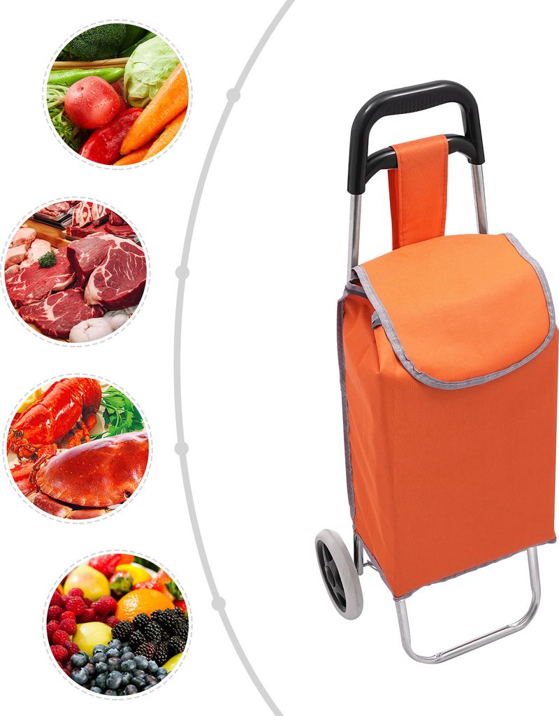 A shopping cart with an orange bag and wheels, next to circular images of food items.